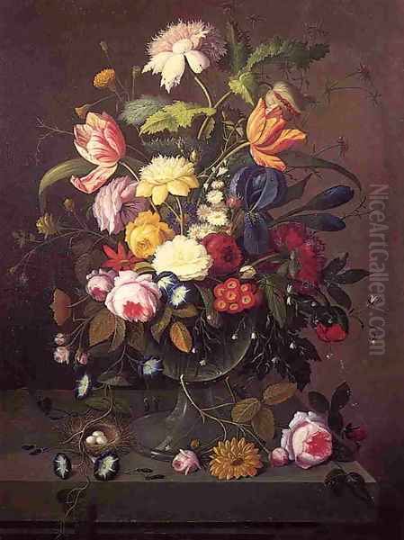 Vase of Flowers in Footed Glass Bowl with Bird's Nest - view 1