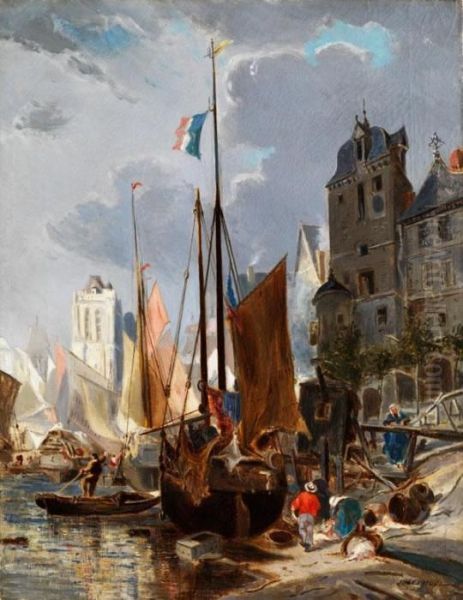 Fischerhafen In Einer Franzosischenstadt Mit Giebelhausern Und Kirchturm Im Hintergrund - view 1