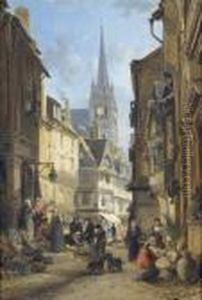Bretonische Altstadtpartie Mit Belebtem Blumenmarkt. Bretonische Altstadtpartie Mit Belebtem Blumenmarkt.