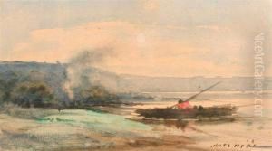 River Landscape With Rowing Boat.