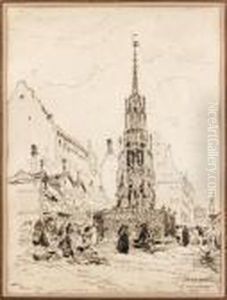 La Place De La Fontaine A Nuremberg Plume by Jules Achille-Noel