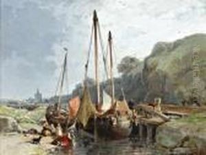 < Lavandieres Et Bateaux Depeche En by Jules Achille-Noel