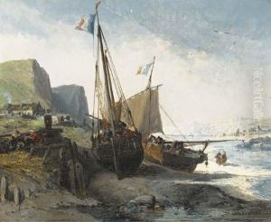 Dutch Fishing Boats Moored On The Shore by Jules Achille-Noel