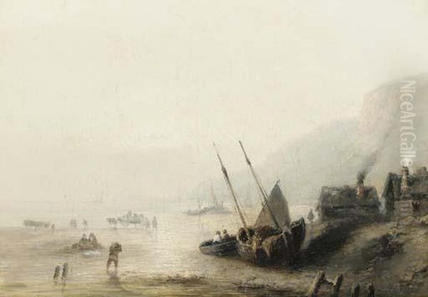 Figures Gathering Seaweed And A Moored Sailboat On A Rocky Coastline - view 1
