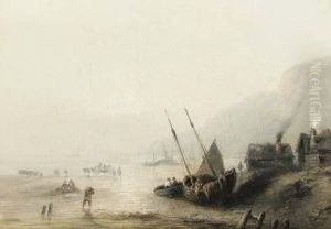 Figures Gathering Seaweed And A Moored Sailboat On A Rocky Coastline by Jules Achille-Noel