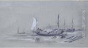"barques Au Sec Au Pied Du Phare". by Jules Achille-Noel