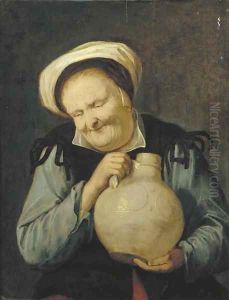 An old woman holding a stoneware vessel