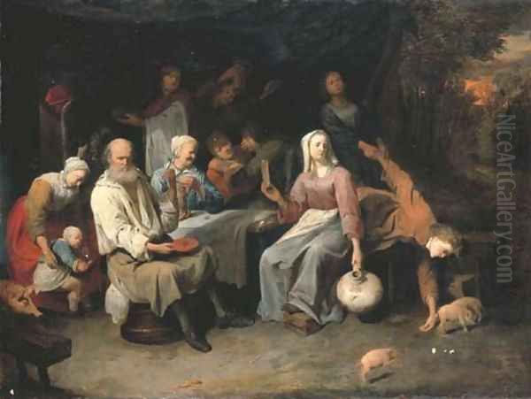Peasants merrymaking around a table with a wooded evening landscape beyond - view 1