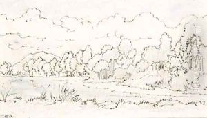 A wooded river landscape by Theodore Rousseau