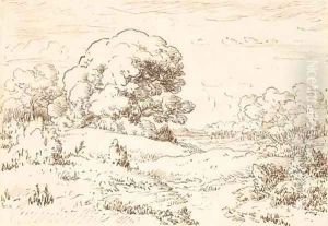 An extensive landscape with a large tree by Theodore Rousseau