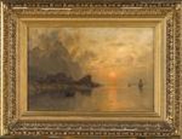 Coucher De Soleil Sur Le Lac Anime Par Des Pecheurs - view 1