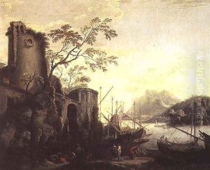 River landscape with boats and ruins by Salvator Rosa