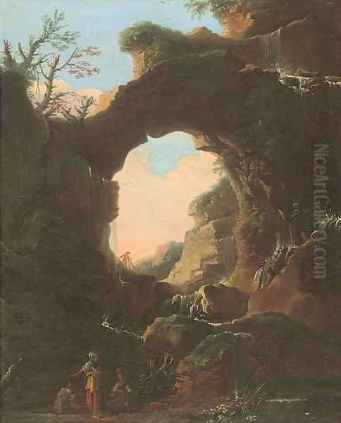 A grotto with a waterfall, figures conversing in the foreground - view 1