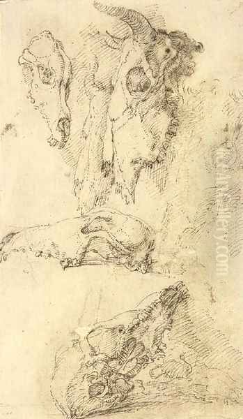 Three ox skulls and three horse skulls - view 1