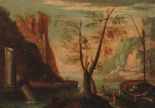 A coastal inlet with figures by a moored boat, a hilltop ruin beyond - view 1