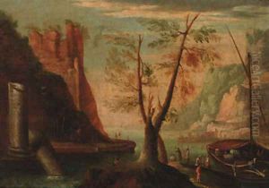 A coastal inlet with figures by a moored boat, a hilltop ruin beyond by Salvator Rosa