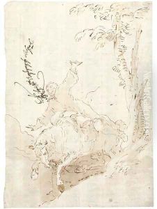 A horseman falling over the brow of a hill, his arms outstretched