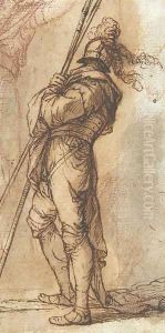 A warrior standing, holding two lances, and a subsidiary study of a young man with his arm raised by Salvator Rosa