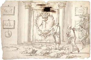 Allegory of a young artist A young man led across rocky terrain towards an altar flanked with pictures dedicated to Painting by Salvator Rosa
