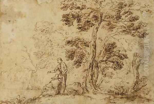 Two figures by a tree near a river - view 1