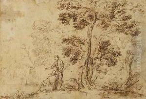Two figures by a tree near a river