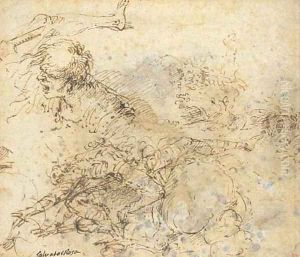 A figure falling from a horse and studies of heads