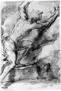 A man pushing a rock A study for the Fall of the Giants by Salvator Rosa