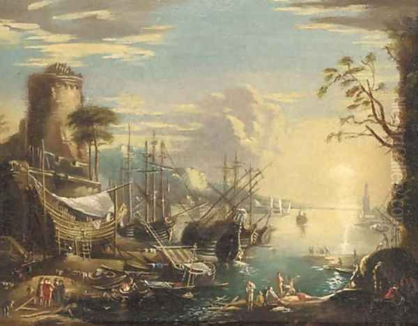 A Mediteranean coastal inlet with shipping and bathers on the bank - view 1