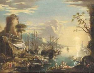 A Mediteranean coastal inlet with shipping and bathers on the bank by Salvator Rosa
