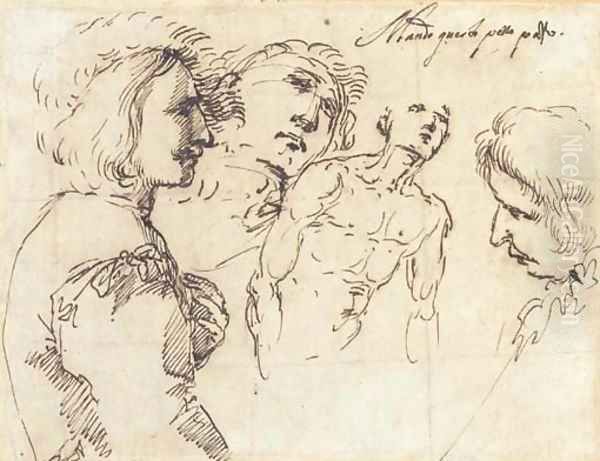 A young man, half-length, in a plumed hat, in profile to the right, with two studies of heads and another of a nude, half-length - view 1