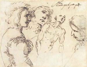 A young man, half-length, in a plumed hat, in profile to the right, with two studies of heads and another of a nude, half-length by Salvator Rosa