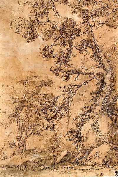 A figure lying by a tree below a cliff - view 1