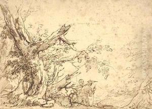 A wooded landscape with travellers on a path by Salvator Rosa