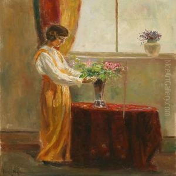 Interior With A Woman Decorating Flowers In A Vase - view 1