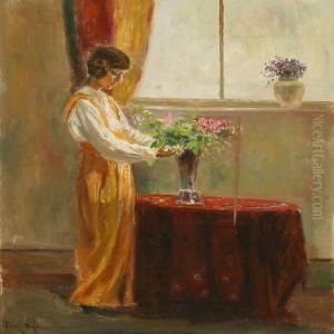 Interior With A Woman Decorating Flowers In A Vase by Poul Friis Nybo
