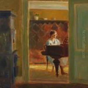 Interior With Woman By The Piano by Poul Friis Nybo
