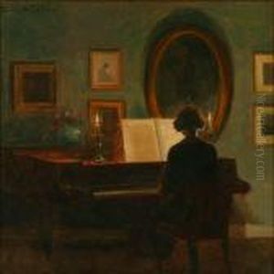 Interior With A Woman Playing Piano by Poul Friis Nybo