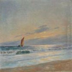Seascape With Sailing Ship In The Sunset by Poul Friis Nybo
