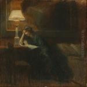 Drawing Roominterior With A Reading Woman by Poul Friis Nybo