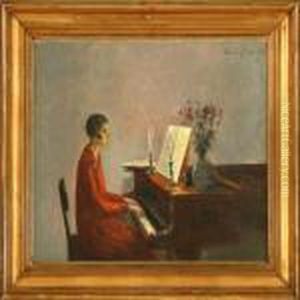 Interior With Woman Playing The Piano by Poul Friis Nybo