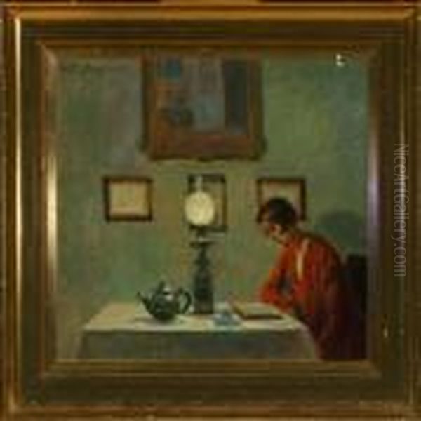 Interior With Woman Reading By The Soft Glow From The Oil Lamp by Poul Friis Nybo