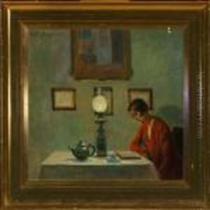 Interior With Woman Reading By The Soft Glow From The Oil Lamp by Poul Friis Nybo
