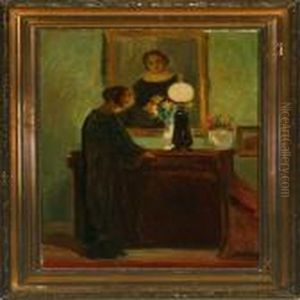 Woman Standing By The Piano In The Twilight by Poul Friis Nybo