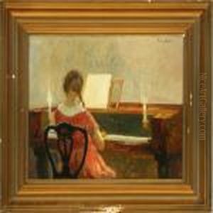Interior With A Girl Playing Piano