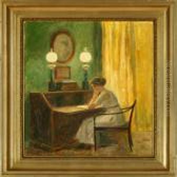 An Interior With A Woman Reading At A Bureau - view 1