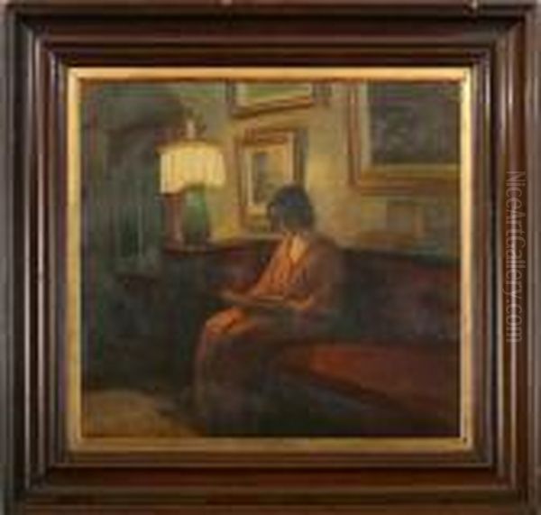 Woman Reading By The Lamplight by Poul Friis Nybo