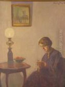 Woman Knitting In Aninterior by Poul Friis Nybo