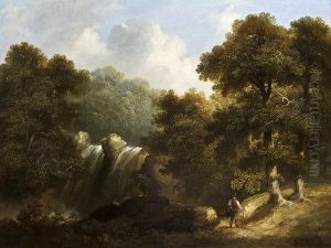A Man Walking On A Wooded Path By A Rocky Torrent by James Arthur O'Connor