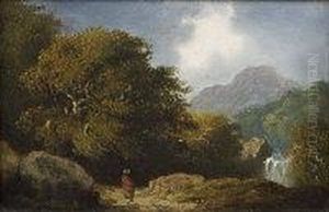 Wooded Mountain Landscape With Figure And Waterfall by James Arthur O'Connor