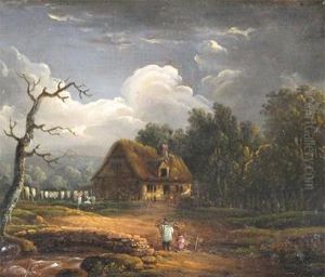 A Family Gathering Wood By A Cottage